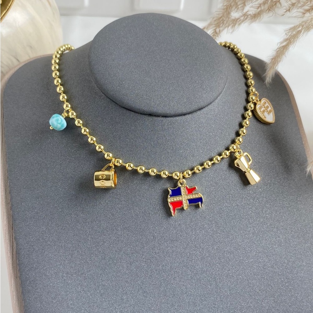 Gold-Tone Dominican Republic Charm Necklace with Red & Blue Enamel Flag Charm